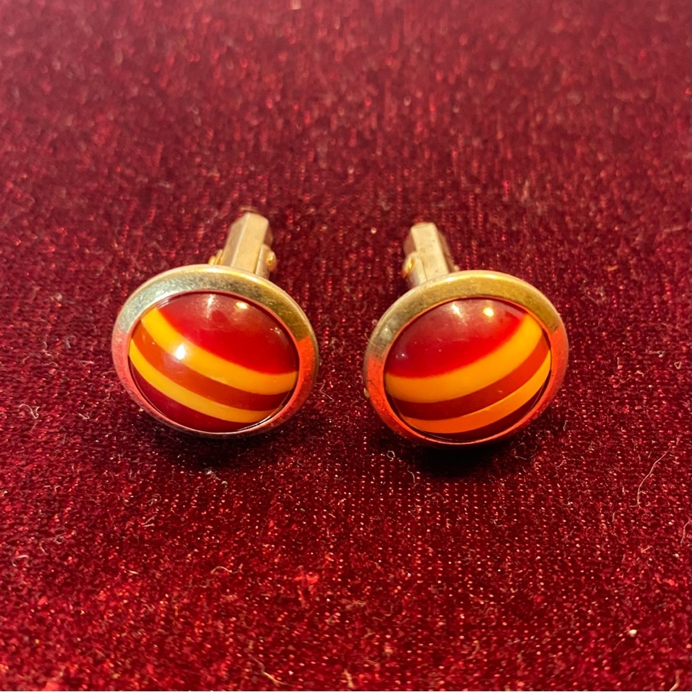 Vintage Lucite Swirl Cufflinks Red Yellow Mod Round Dome Mid Century
